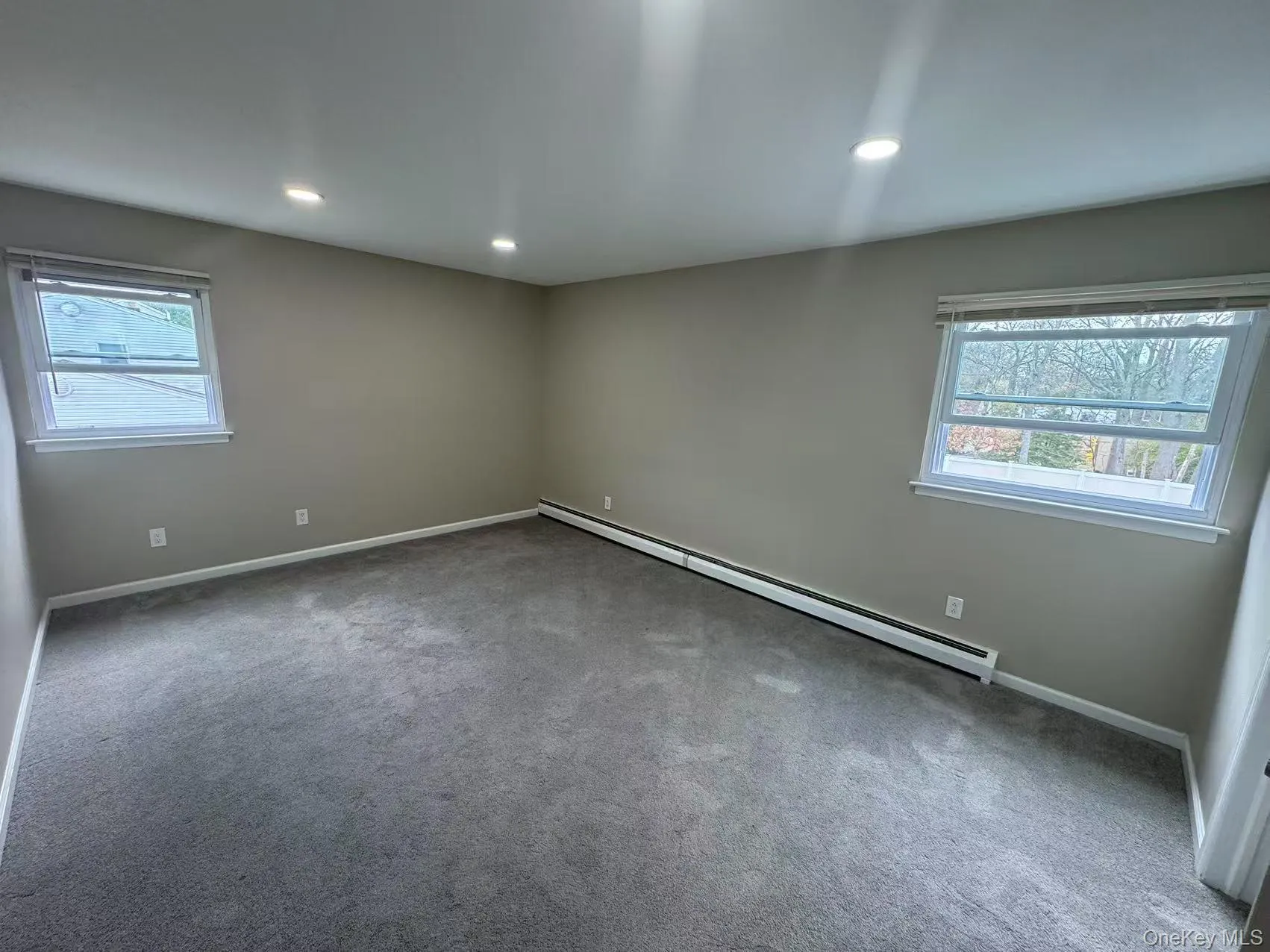 Carpeted empty room with a wealth of natural light, a baseboard heating unit, recessed lighting, and baseboards Carpeted empty room with a wealth of natural light, a baseboard heating unit, recessed lighting, and baseboards