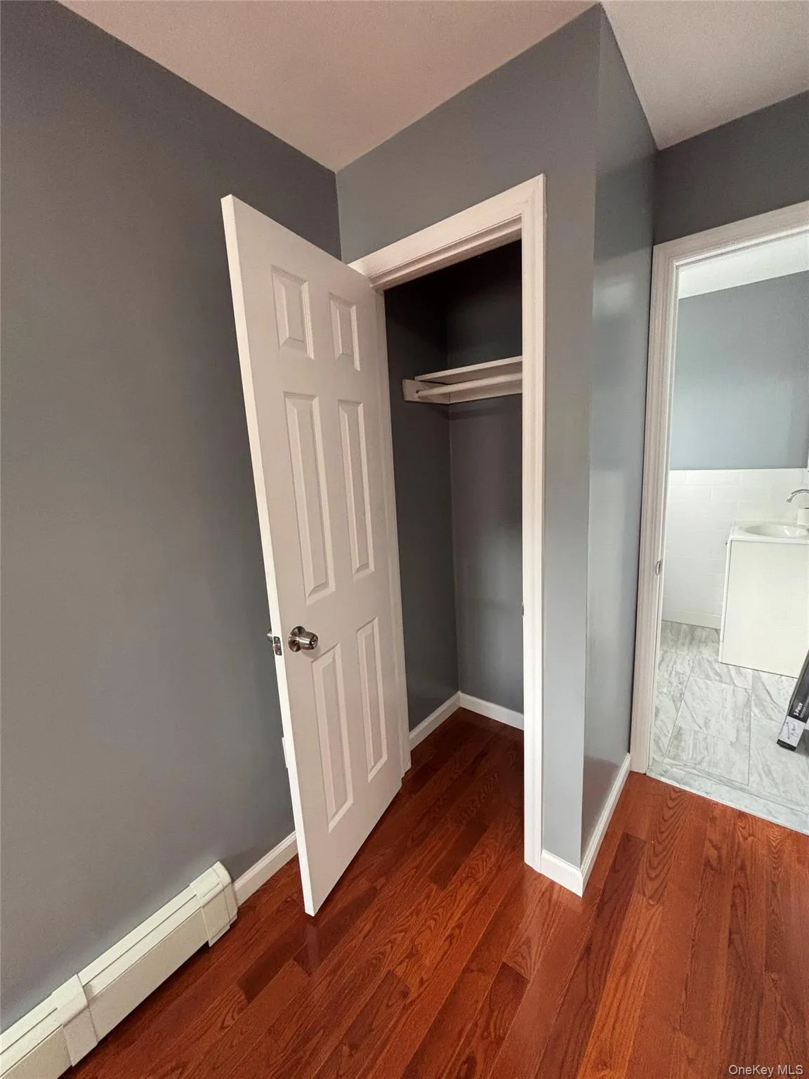 Wood-finish flooring, white trim, and a built-in closet with shelving Wood-finish flooring, white trim, and a built-in closet with shelving