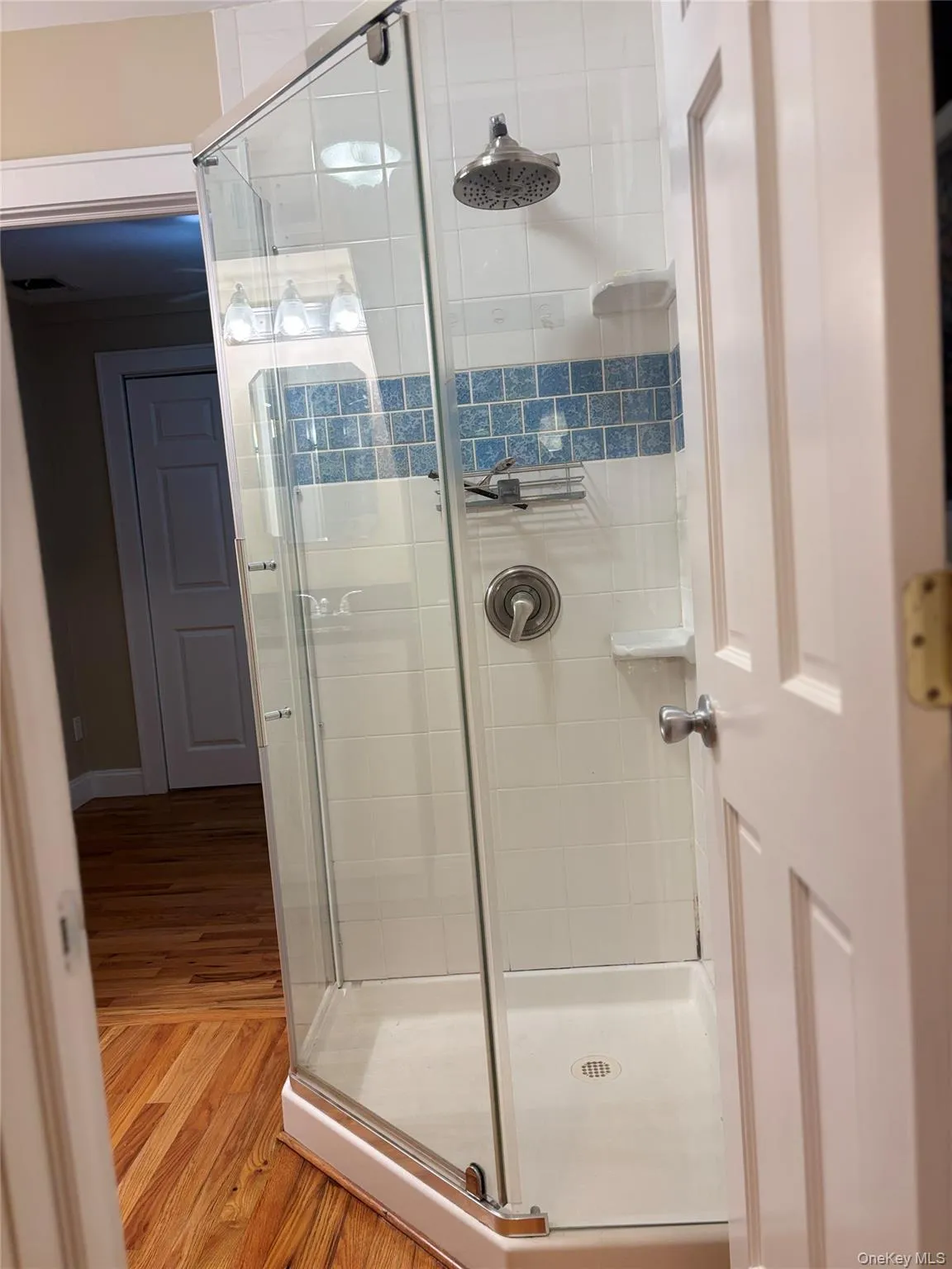 1st floor bath has corner shower enclosure with clear glass panels, white subway tile surround, blue accent tile, and a rainfall shower head. 1st floor bath has corner shower enclosure with clear glass panels, white subway tile surround, blue accent tile, and a rainfall shower head.