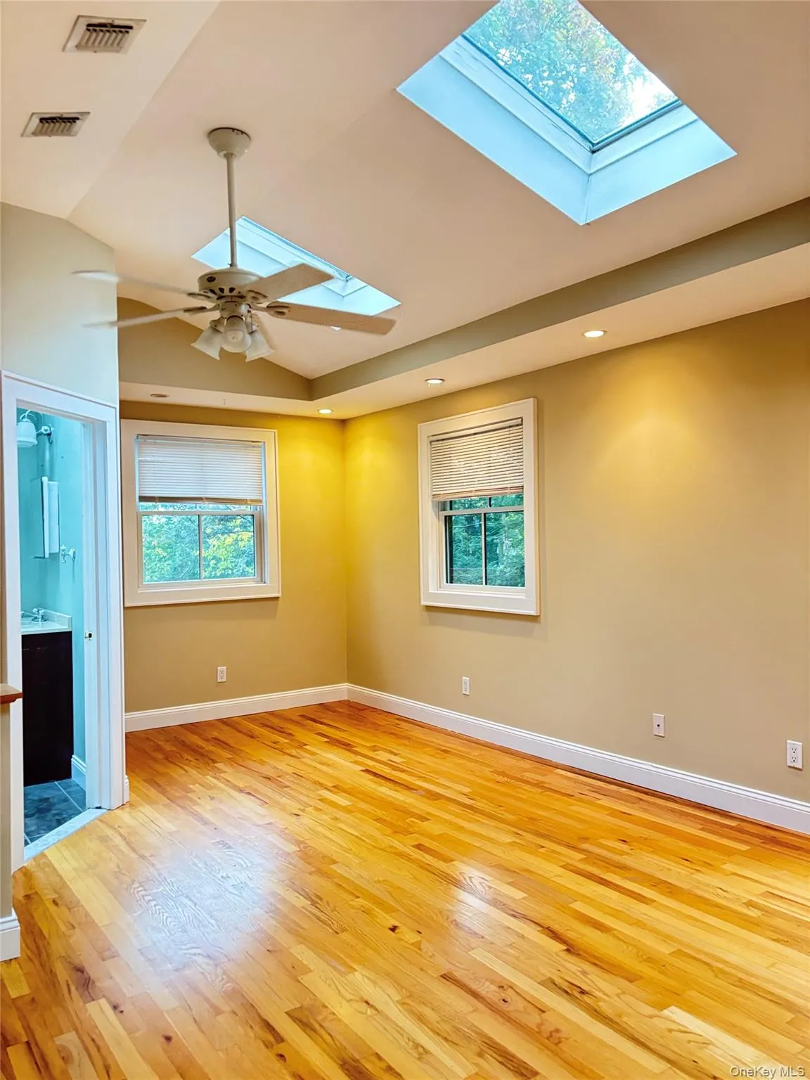 Vaulted ceiling with dual skylights, recessed lighting, and a ceiling fan make this the perfect bedroom. Vaulted ceiling with dual skylights, recessed lighting, and a ceiling fan make this the perfect bedroom.
