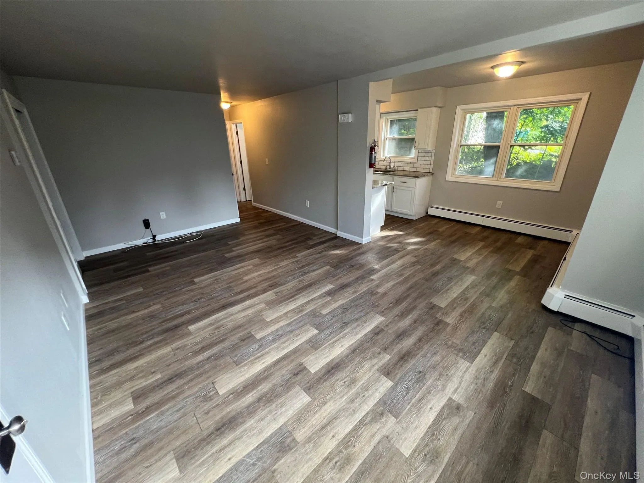Wood-finish flooring, white baseboards, and built-in white cabinetry Wood-finish flooring, white baseboards, and built-in white cabinetry