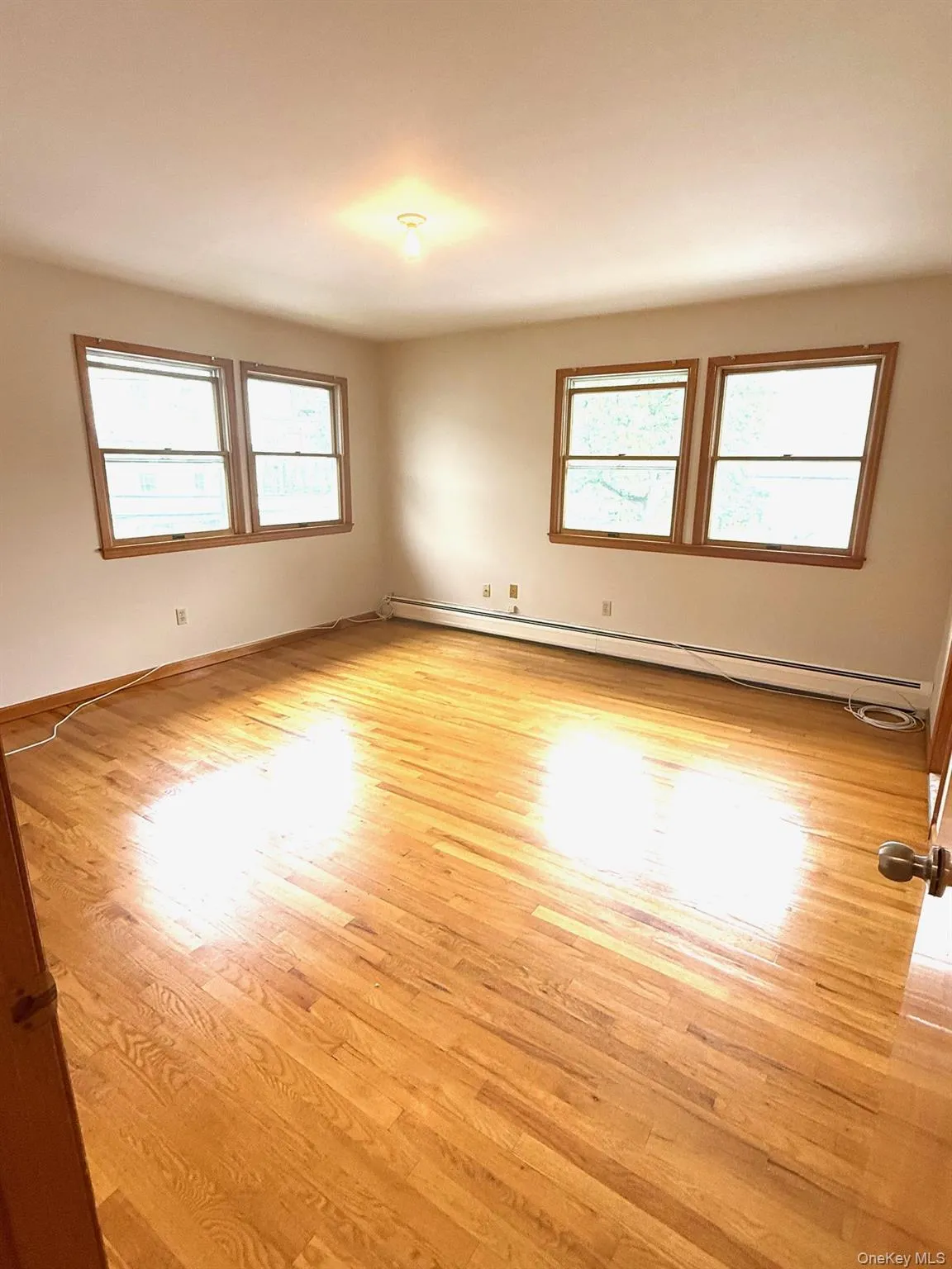 Primary bedroom featuring healthy amount of natural light, a baseboard heating unit, and light wood-style flooring Primary bedroom featuring healthy amount of natural light, a baseboard heating unit, and light wood-style flooring