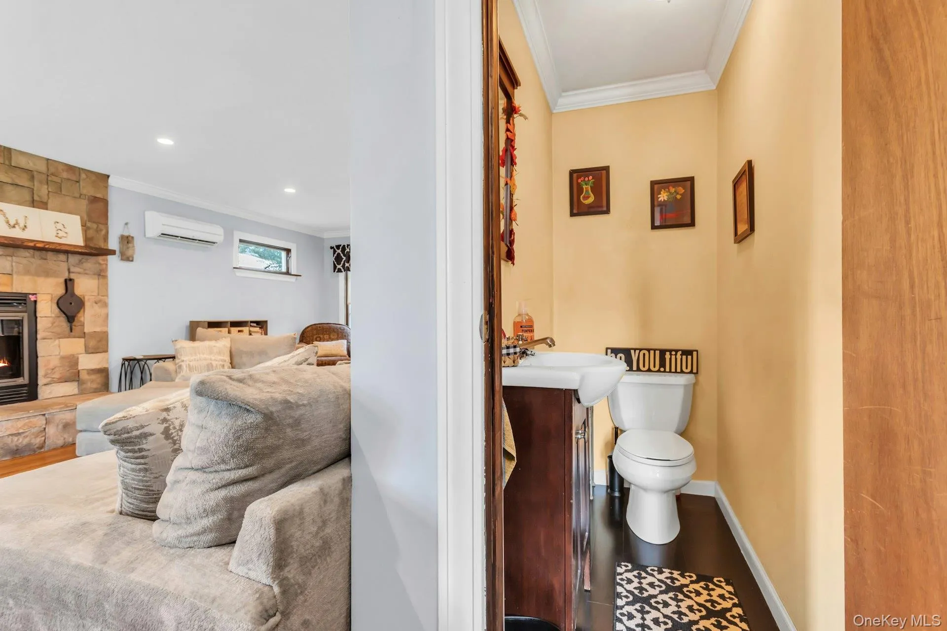 Powder room featuring a pedestal sink, toilet, and dark wood-finish flooring Powder room featuring a pedestal sink, toilet, and dark wood-finish flooring