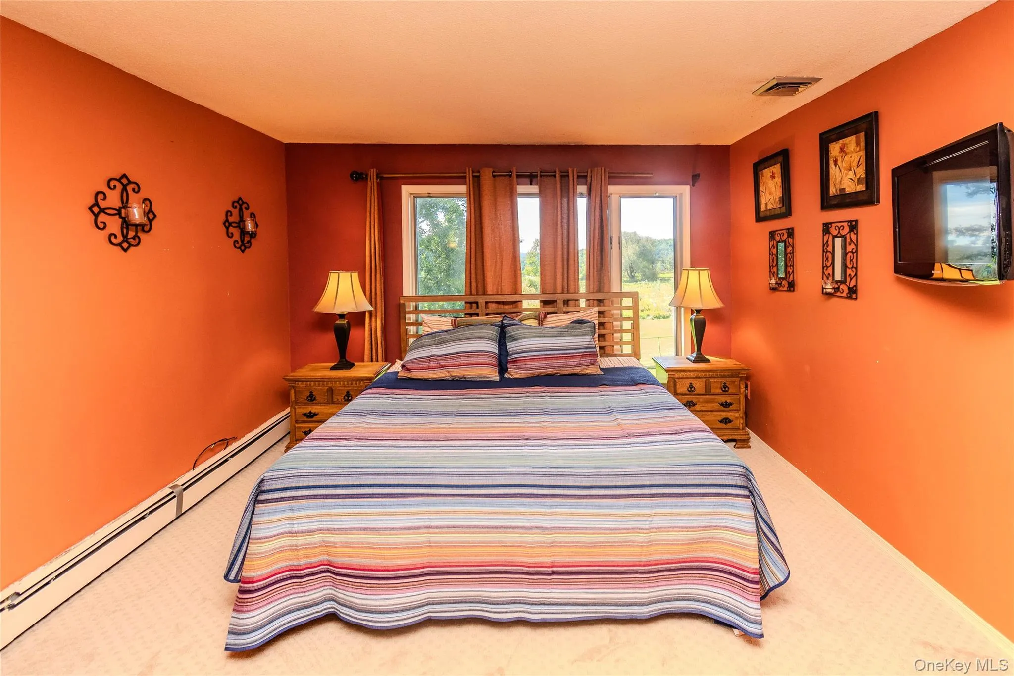 Carpeted room featuring multiple windows, baseboard heating, and warm-toned walls Carpeted room featuring multiple windows, baseboard heating, and warm-toned walls