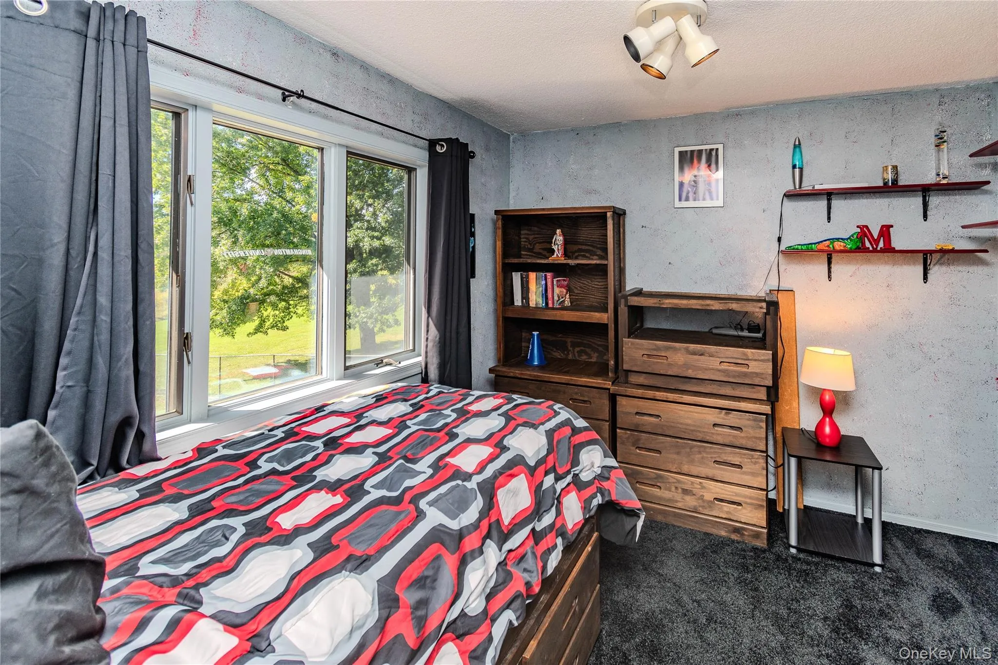 Multi-pane window with white trim, dark gray wall texture, dark gray carpet flooring, and a ceiling-mounted track light fixture Multi-pane window with white trim, dark gray wall texture, dark gray carpet flooring, and a ceiling-mounted track light fixture