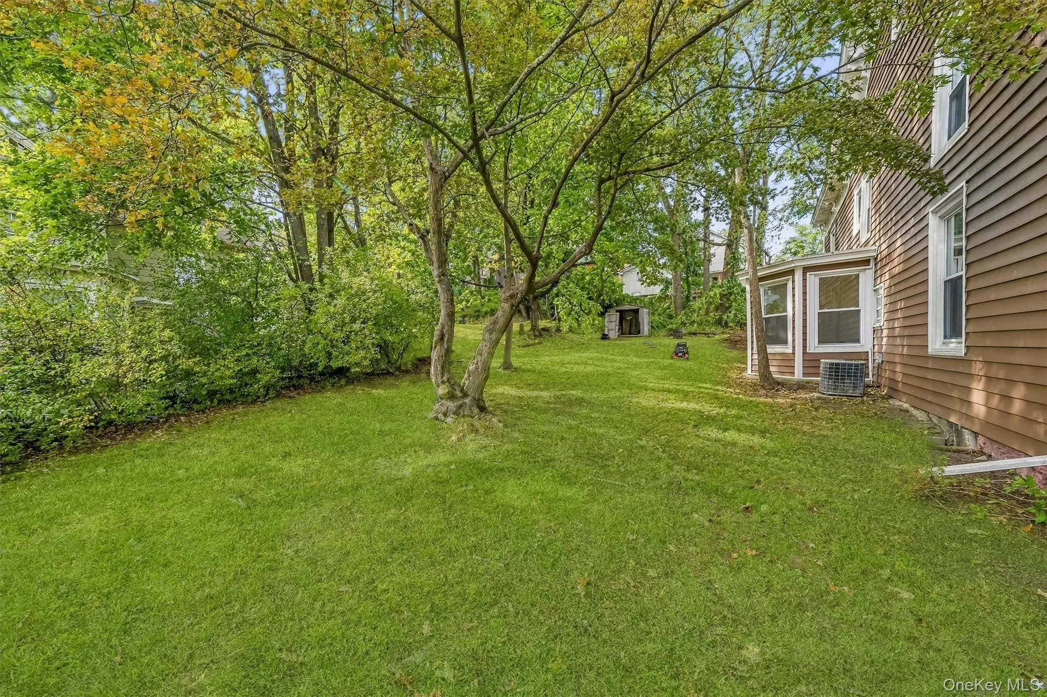 Expansive lawn area with mature trees and established perimeter shrubbery Expansive lawn area with mature trees and established perimeter shrubbery
