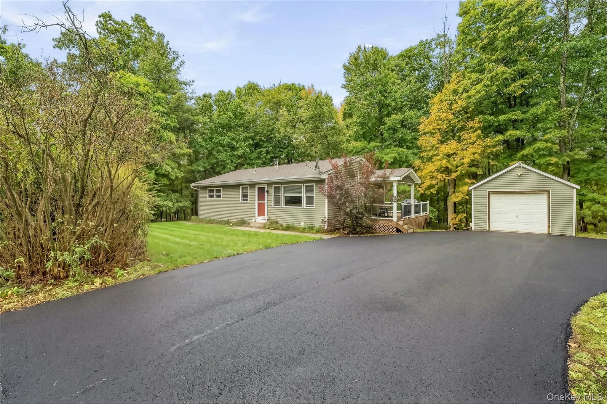 Single-story siding exterior with a covered porch, expansive paved driveway, and detached garage Single-story siding exterior with a covered porch, expansive paved driveway, and detached garage