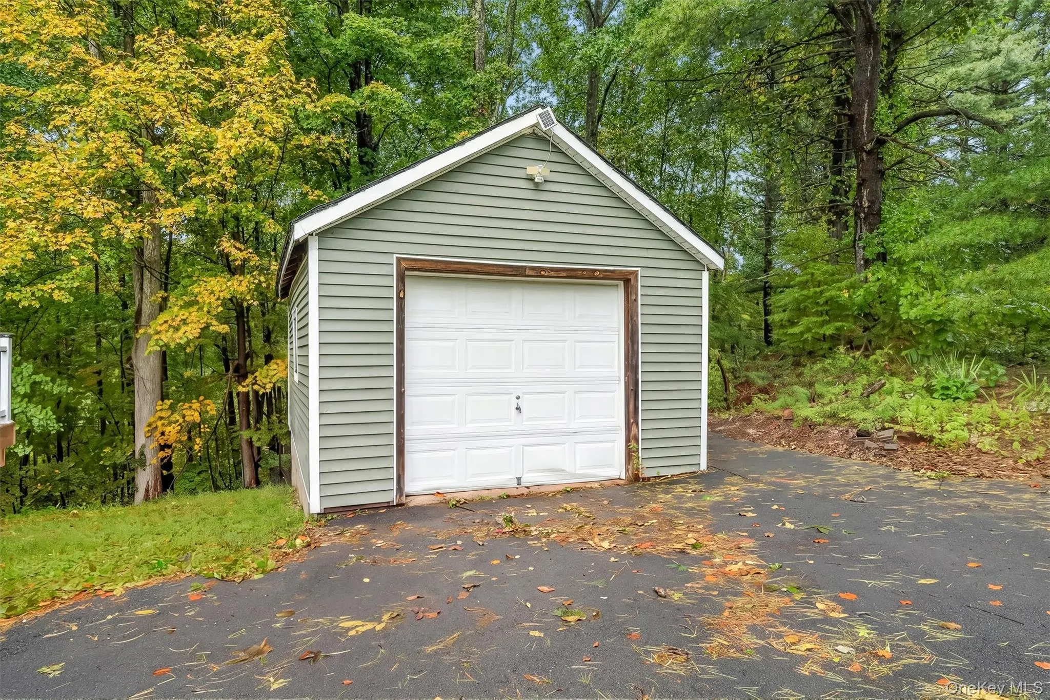 Detached garage with horizontal siding, a white garage door, and a pitched roof Detached garage with horizontal siding, a white garage door, and a pitched roof