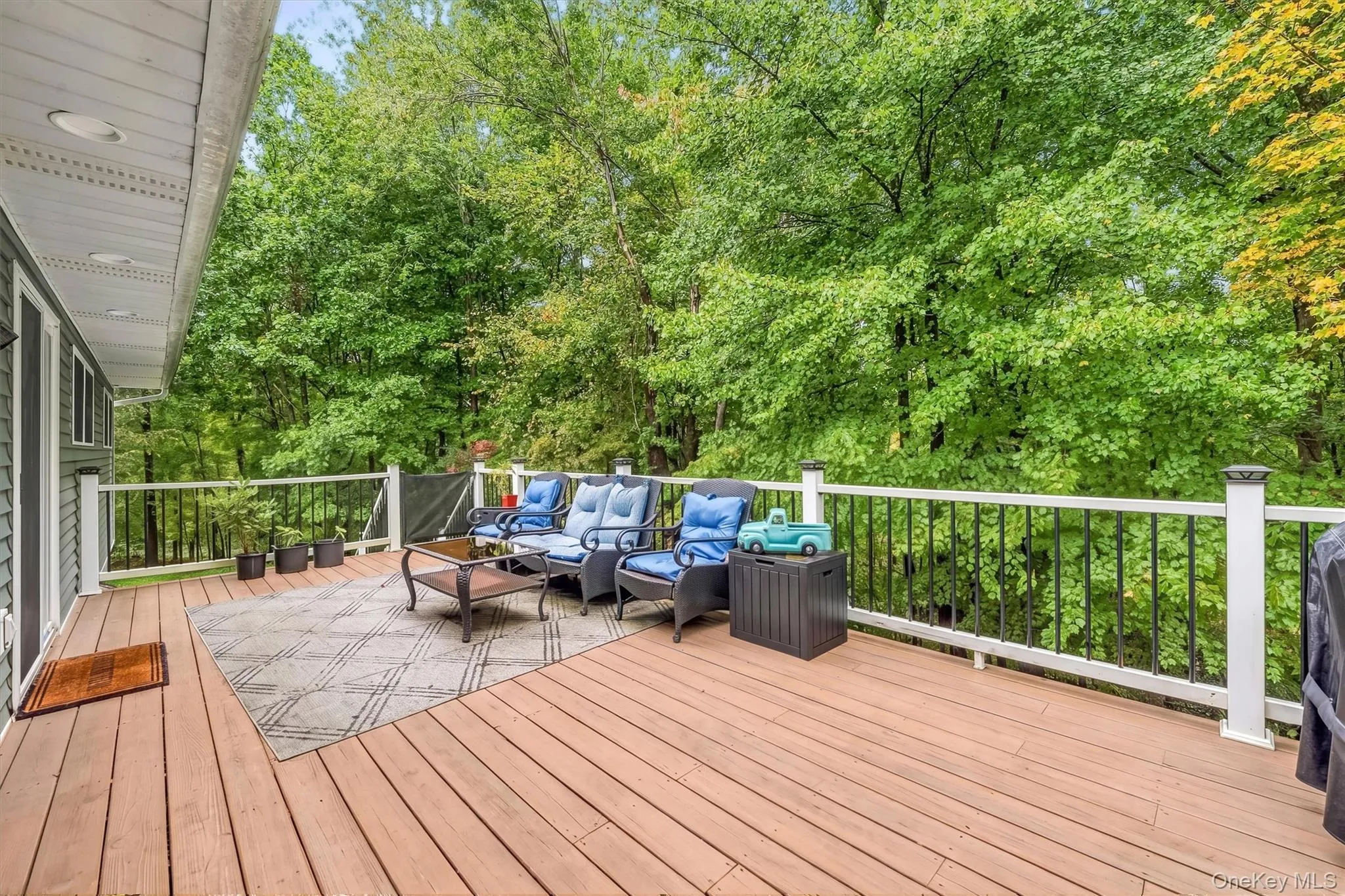 Expansive outdoor deck with wood-finish flooring, white railings, and black balusters Expansive outdoor deck with wood-finish flooring, white railings, and black balusters