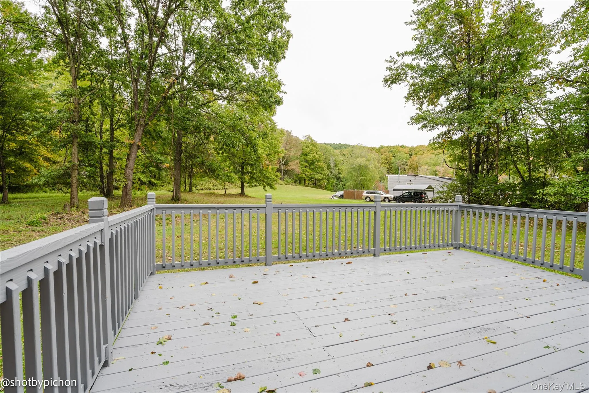 Outdoor deck with painted wood flooring and railing, surrounded by mature trees and natural landscaping Outdoor deck with painted wood flooring and railing, surrounded by mature trees and natural landscaping
