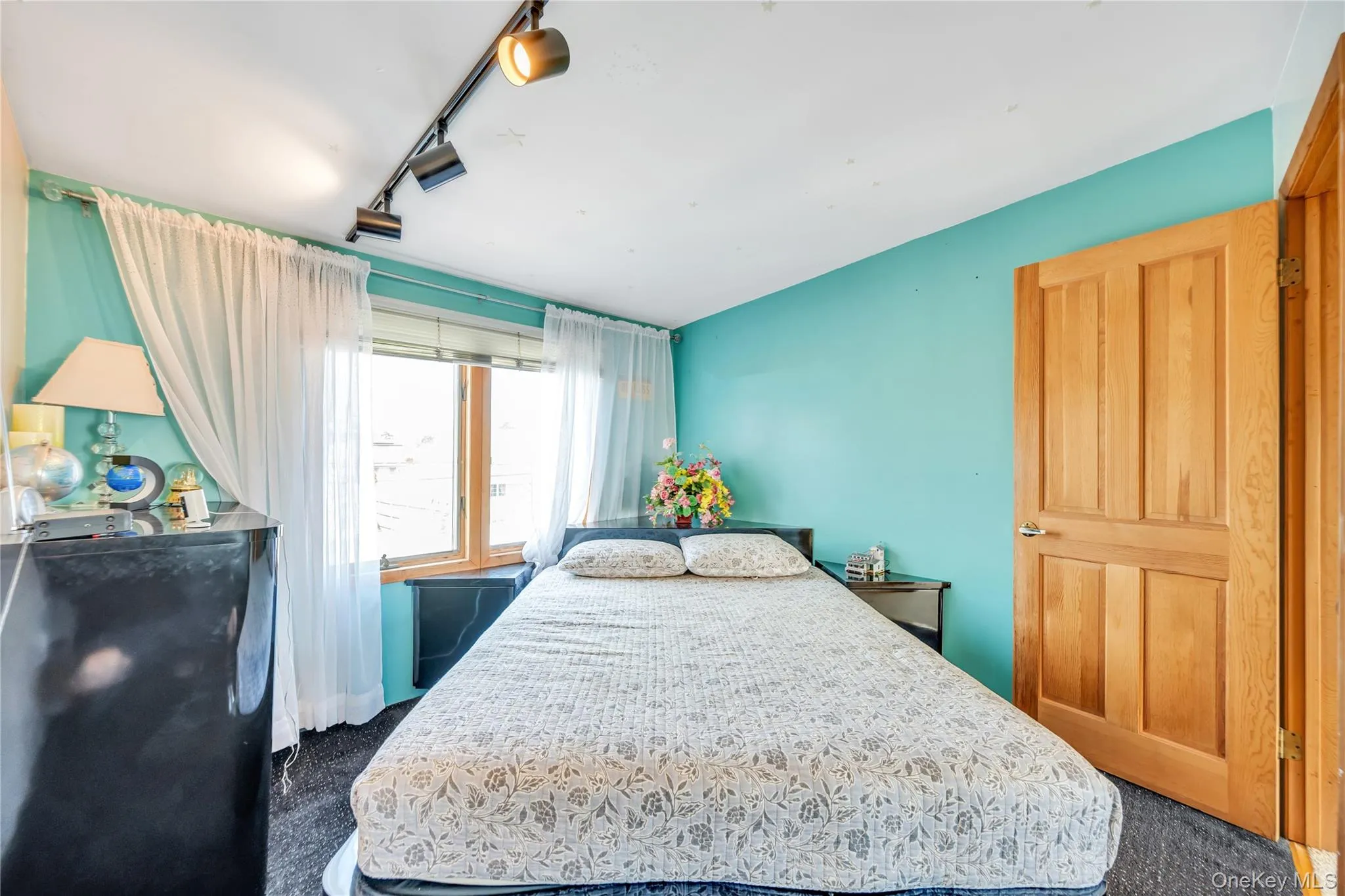 Bedroom with dark carpet and track lighting Bedroom with dark carpet and track lighting