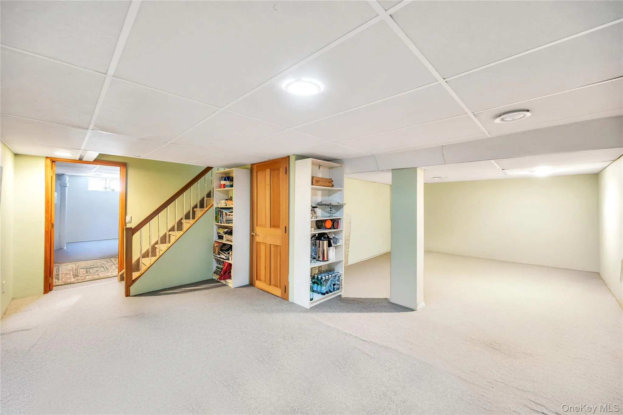 Below grade area with stairs, a drop ceiling, and carpet floors Below grade area with stairs, a drop ceiling, and carpet floors