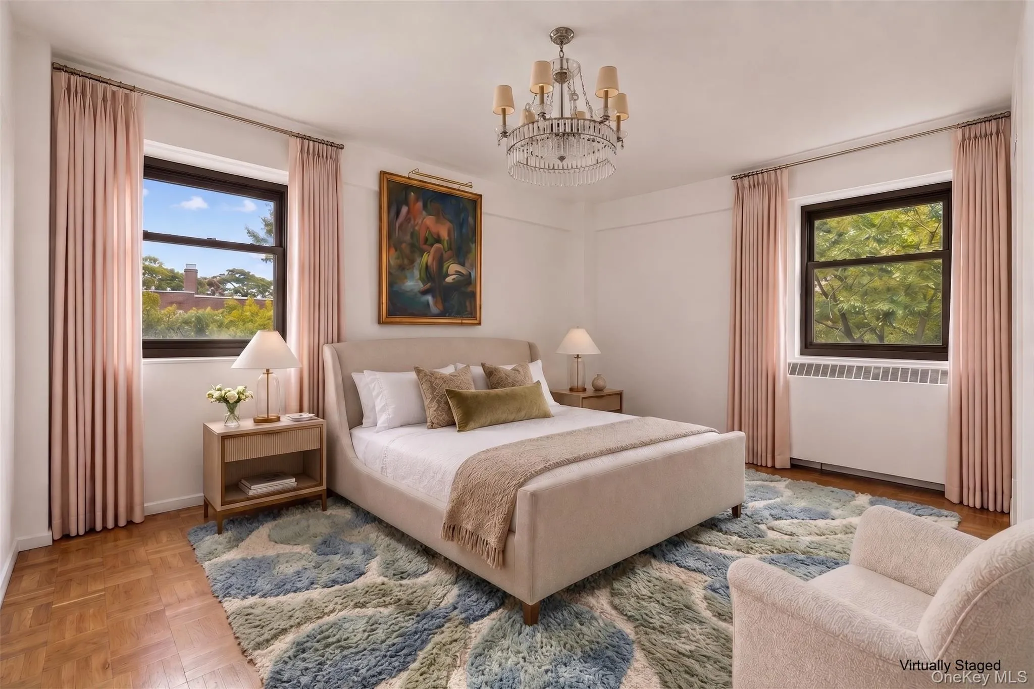 Master bedroom staged with queen sized bed Master bedroom staged with queen sized bed