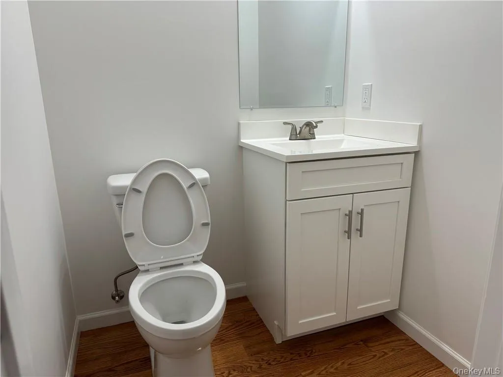 Bathroom with vanity, hardwood / wood-style flooring, and toilet Bathroom with vanity, hardwood / wood-style flooring, and toilet