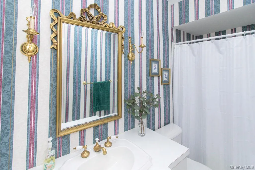 Full hall bathroom with brass fixtures Full hall bathroom with brass fixtures