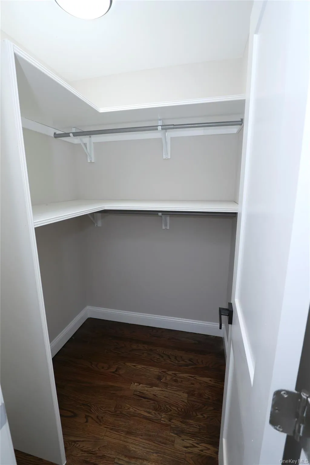 Walk-in closet with dark wood-finish flooring, white built-in shelving, two hanging rods, and an overhead light fixture Walk-in closet with dark wood-finish flooring, white built-in shelving, two hanging rods, and an overhead light fixture