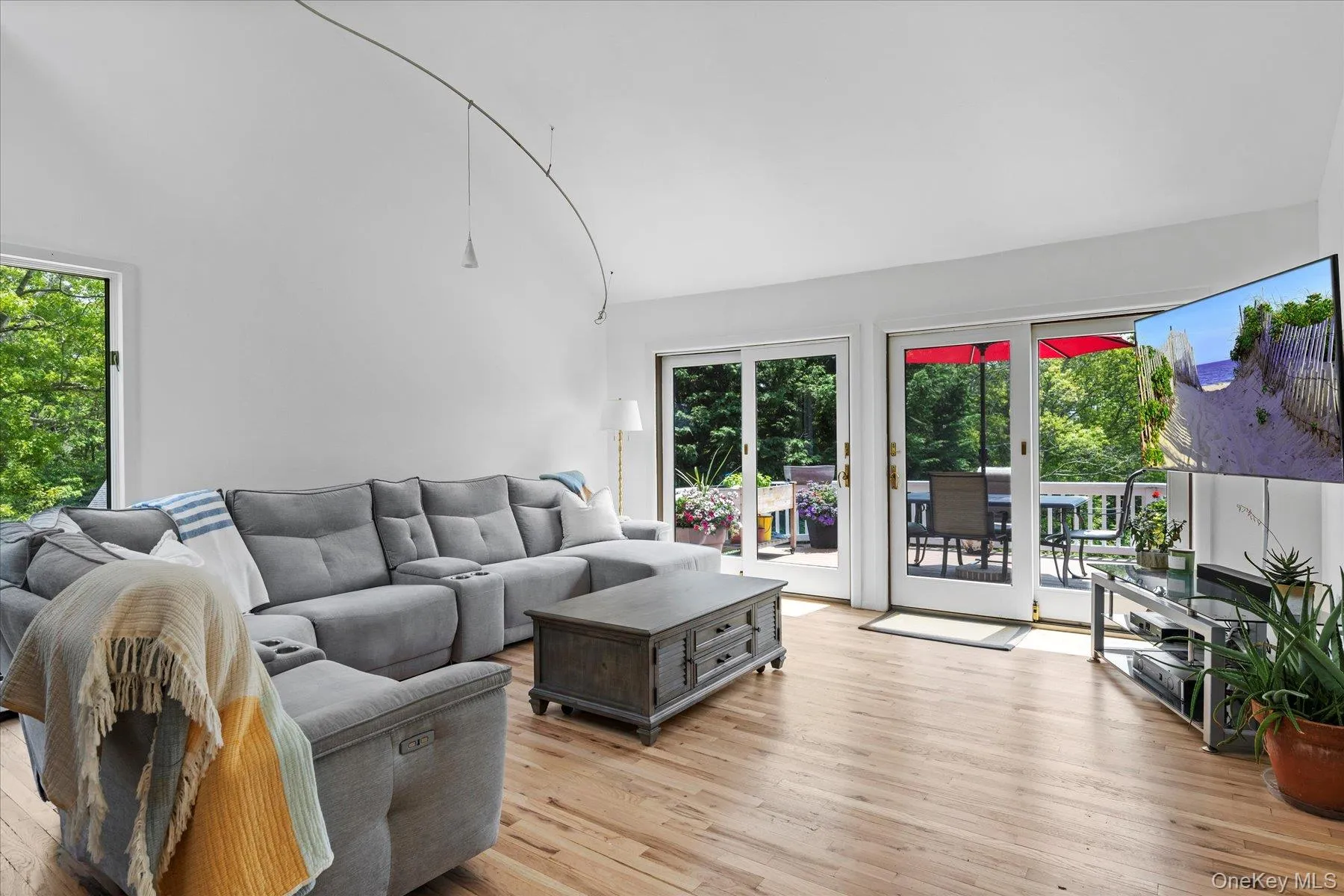 Living area featuring light wood finished floors, healthy amount of natural light, and vaulted ceiling Living area featuring light wood finished floors, healthy amount of natural light, and vaulted ceiling