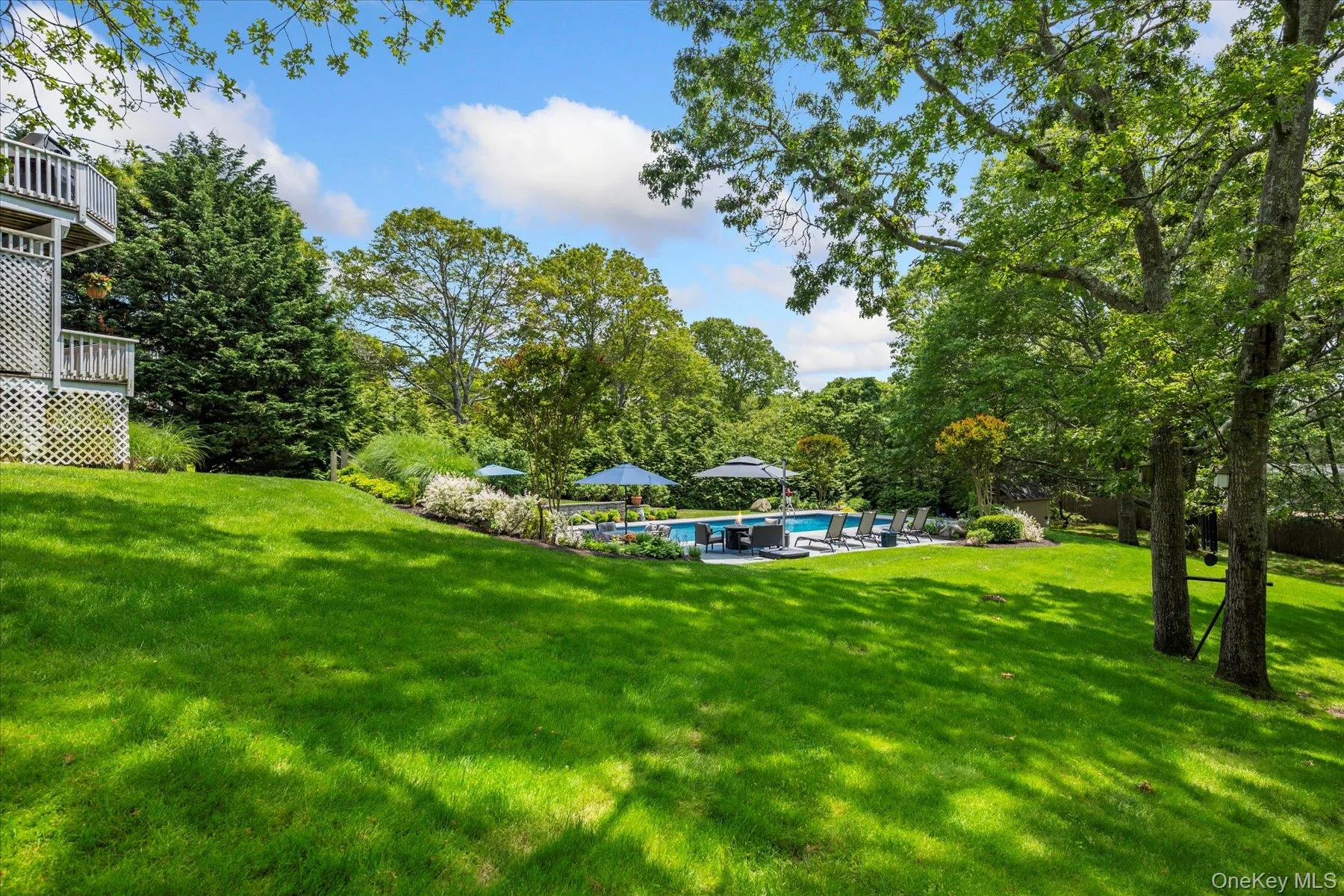 View of green lawn featuring an outdoor pool and view of wooded area View of green lawn featuring an outdoor pool and view of wooded area