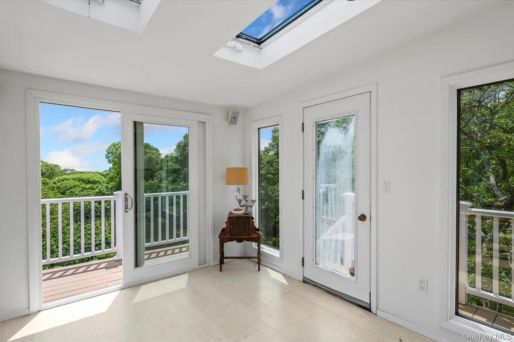 Doorway featuring a skylight and wood finished floors Doorway featuring a skylight and wood finished floors