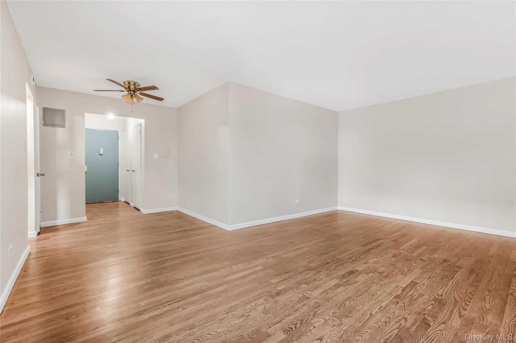 Unfurnished room with light wood finished floors and a ceiling fan Unfurnished room with light wood finished floors and a ceiling fan