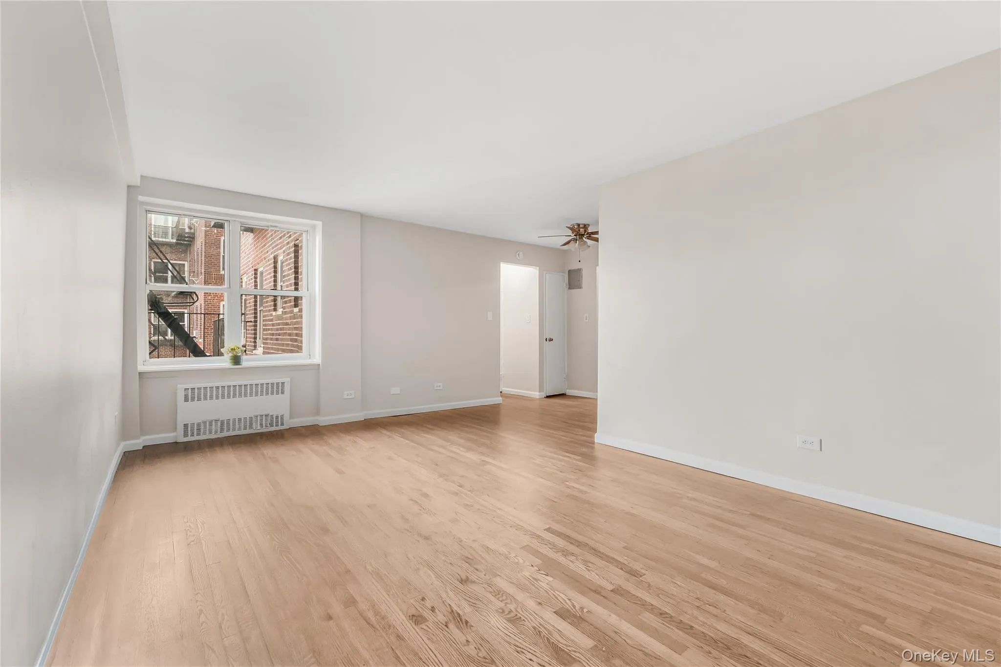Unfurnished room featuring radiator heating unit and light wood-style flooring Unfurnished room featuring radiator heating unit and light wood-style flooring