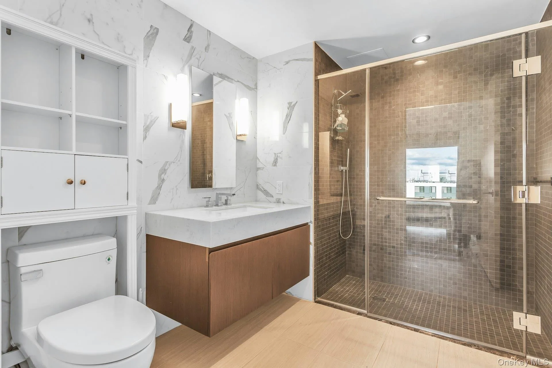Full bath featuring vanity, a shower stall, tile walls, and recessed lighting Full bath featuring vanity, a shower stall, tile walls, and recessed lighting