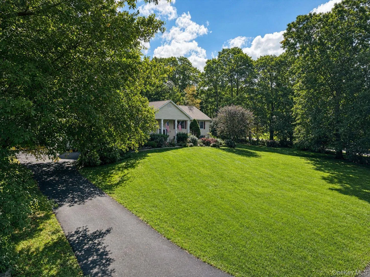 Expansive front lawn with mature trees and a paved driveway leading to the residence Expansive front lawn with mature trees and a paved driveway leading to the residence