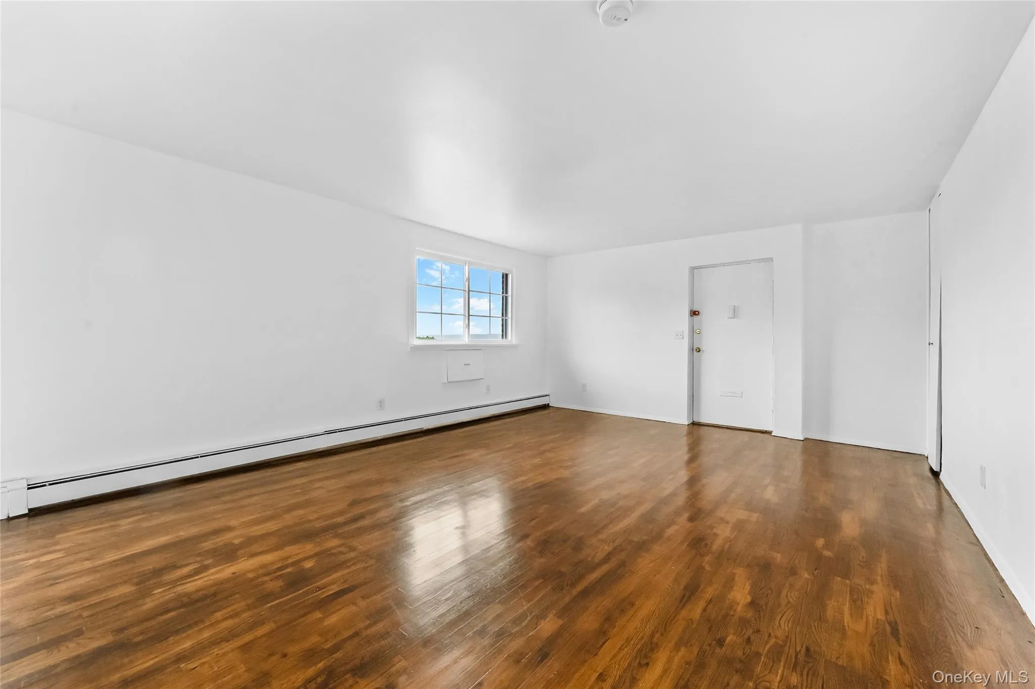 Unfurnished room with a baseboard radiator and dark wood-style floors Unfurnished room with a baseboard radiator and dark wood-style floors