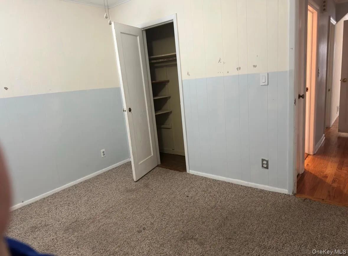 Unfurnished bedroom with carpet floors, a closet, and wooden walls Unfurnished bedroom with carpet floors, a closet, and wooden walls