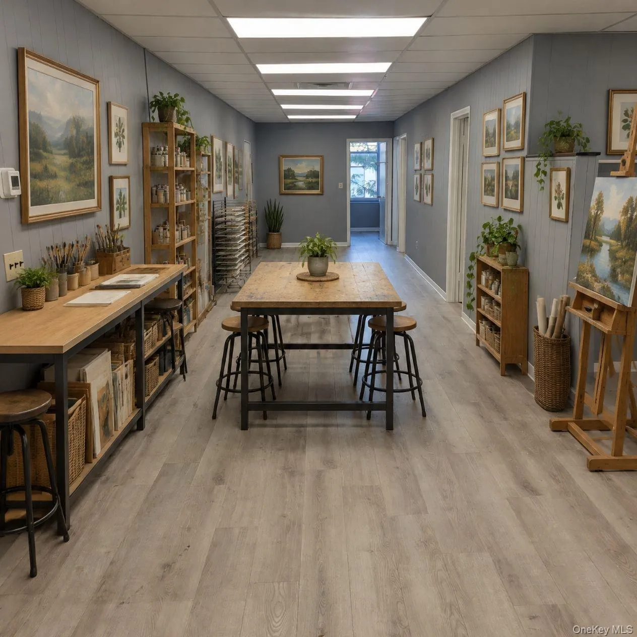 Alt view with AI generated pic of an Art Studio Business: Entrance to unit 201 with long and wide hallway with a reception area and view to all of the 4 office suites. Alt view with AI generated pic of an Art Studio Business: Entrance to unit 201 with long and wide hallway with a reception area and view to all of the 4 office suites.