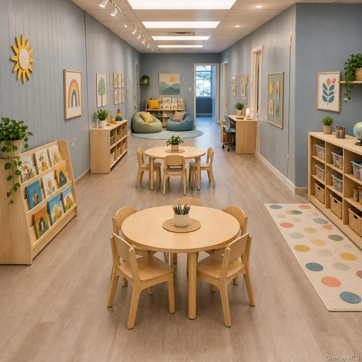 Alt view with AI generated pic of a Children's Learning or Therapy Business: Entrance to unit 201 with long and wide hallway with a reception area and view to all of the 4 office suites. Alt view with AI generated pic of a Children's Learning or Therapy Business: Entrance to unit 201 with long and wide hallway with a reception area and view to all of the 4 office suites.