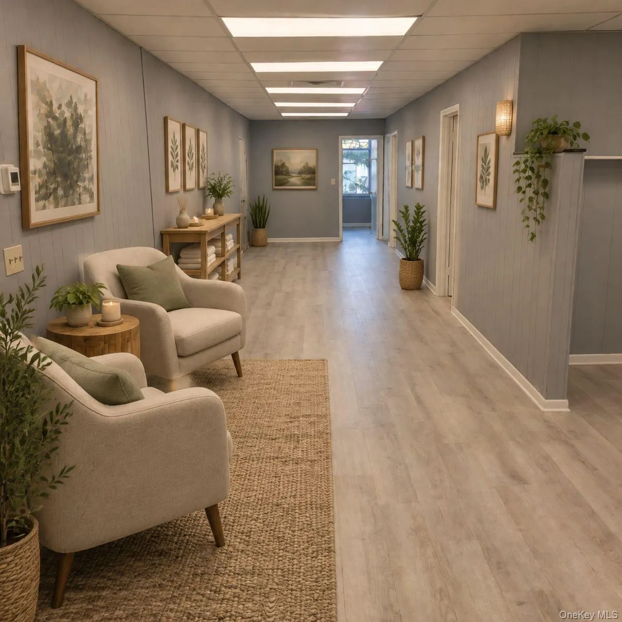 Alt view with AI generated pic of a Spa Business: Entrance to unit 201 with long and wide hallway with a reception area and view to all of the 4 office suites. Alt view with AI generated pic of a Spa Business: Entrance to unit 201 with long and wide hallway with a reception area and view to all of the 4 office suites.
