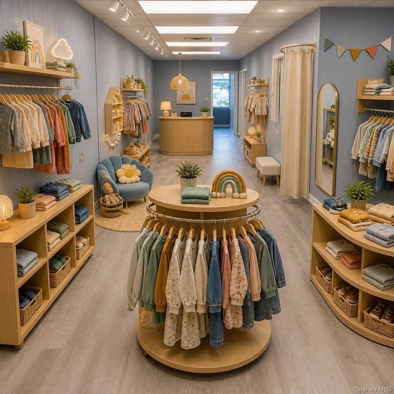 Alt view with AI generated pic of a Children's Clothing Business: Entrance to unit 201 with long and wide hallway with a reception area and view to all of the 4 office suites. Alt view with AI generated pic of a Children's Clothing Business: Entrance to unit 201 with long and wide hallway with a reception area and view to all of the 4 office suites.