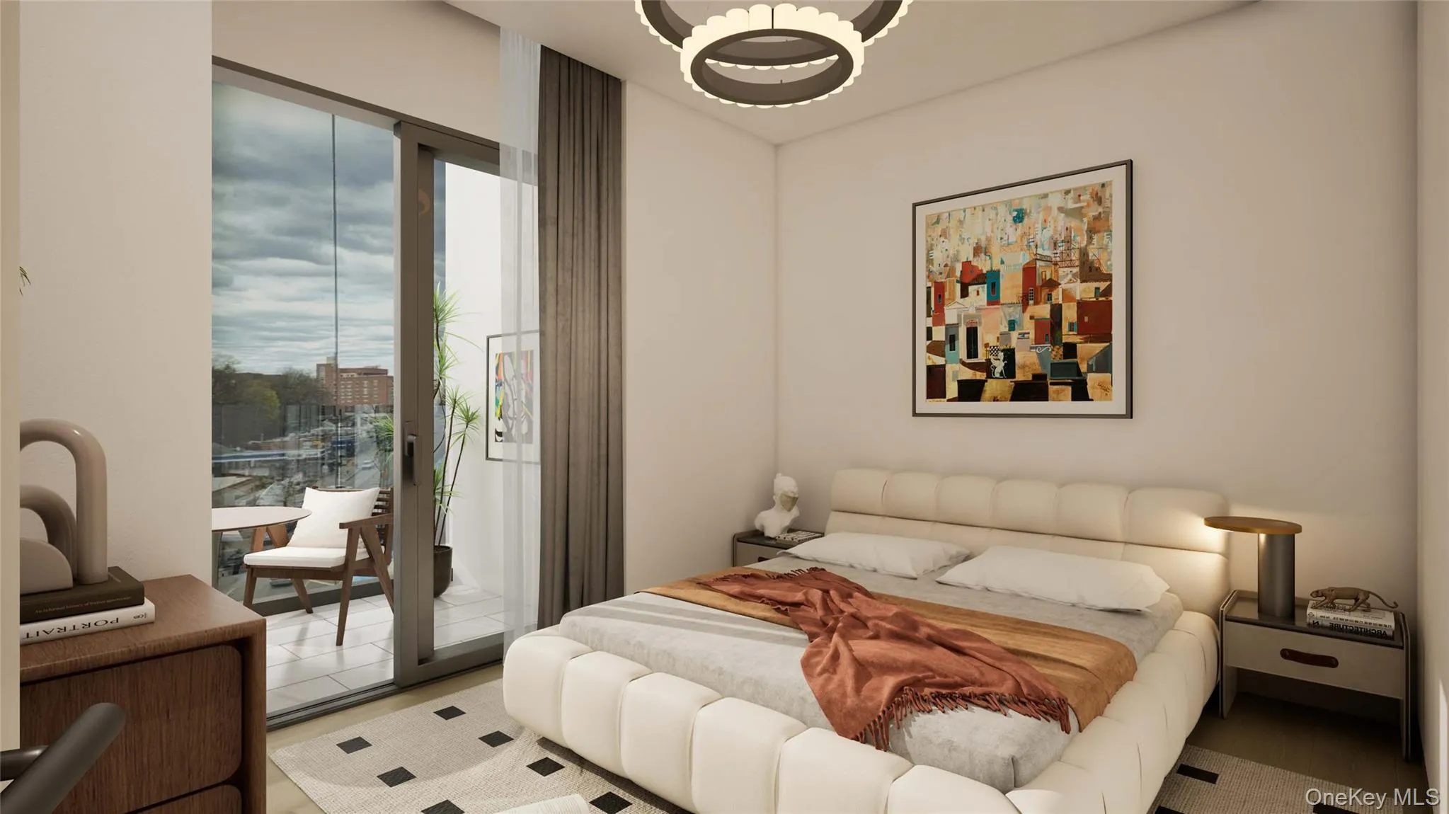 Bedroom with access to outside and a chandelier Bedroom with access to outside and a chandelier
