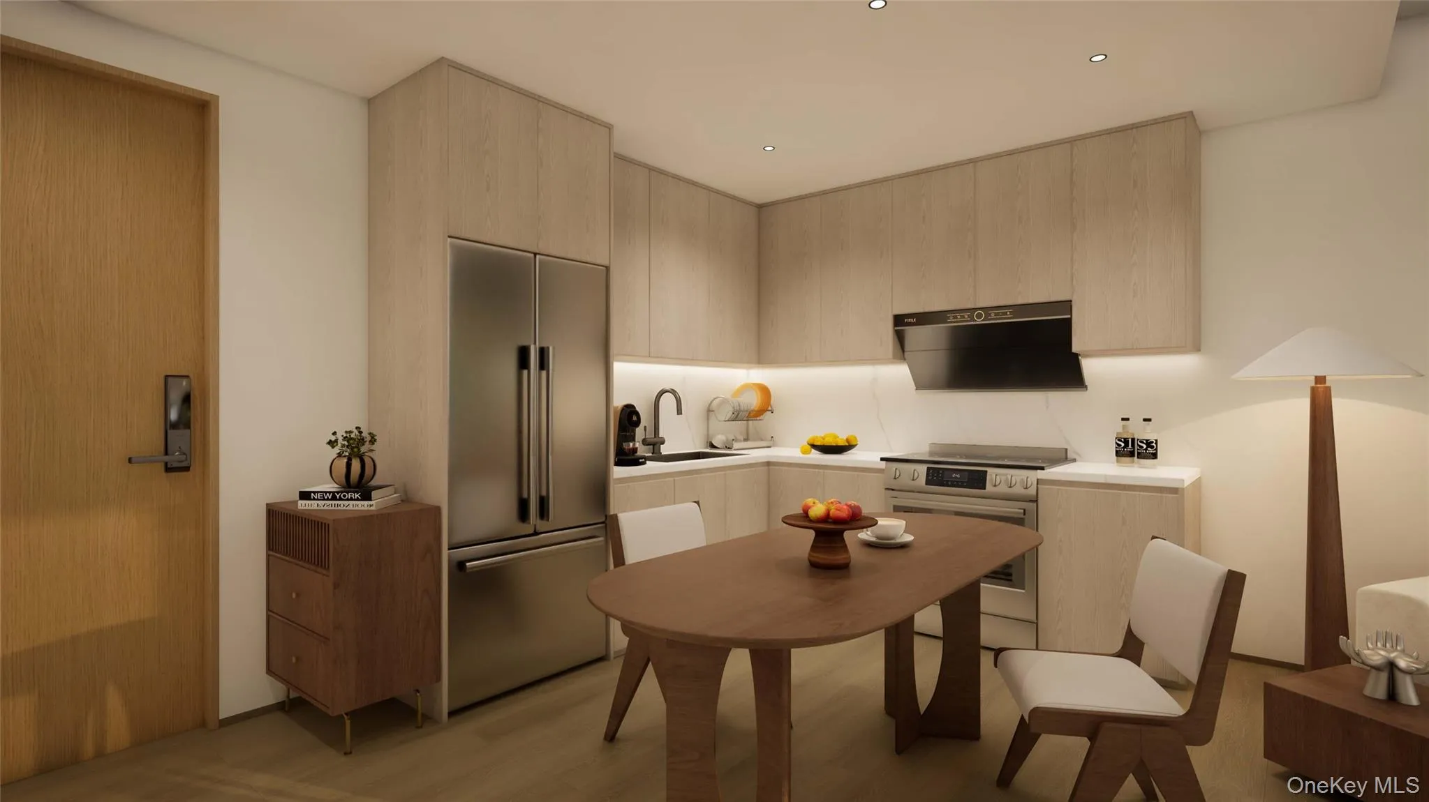 Kitchen featuring light brown cabinetry, modern cabinets, stainless steel built in fridge, ventilation hood, and light wood-type flooring Kitchen featuring light brown cabinetry, modern cabinets, stainless steel built in fridge, ventilation hood, and light wood-type flooring