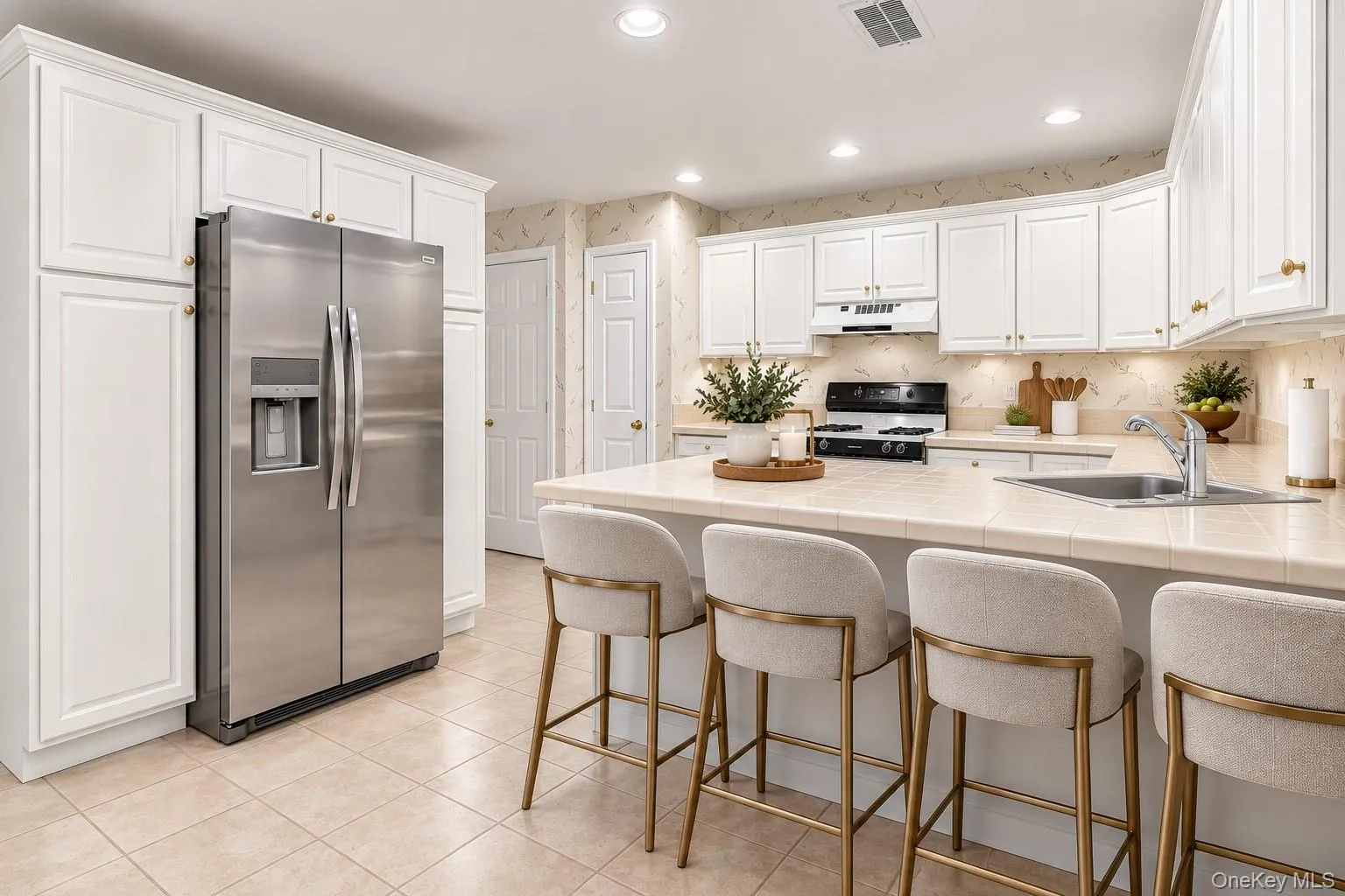 Virtually Staged.U-shaped kitchen featuring white cabinetry, light-toned countertops, and a black range. Virtually Staged.U-shaped kitchen featuring white cabinetry, light-toned countertops, and a black range.