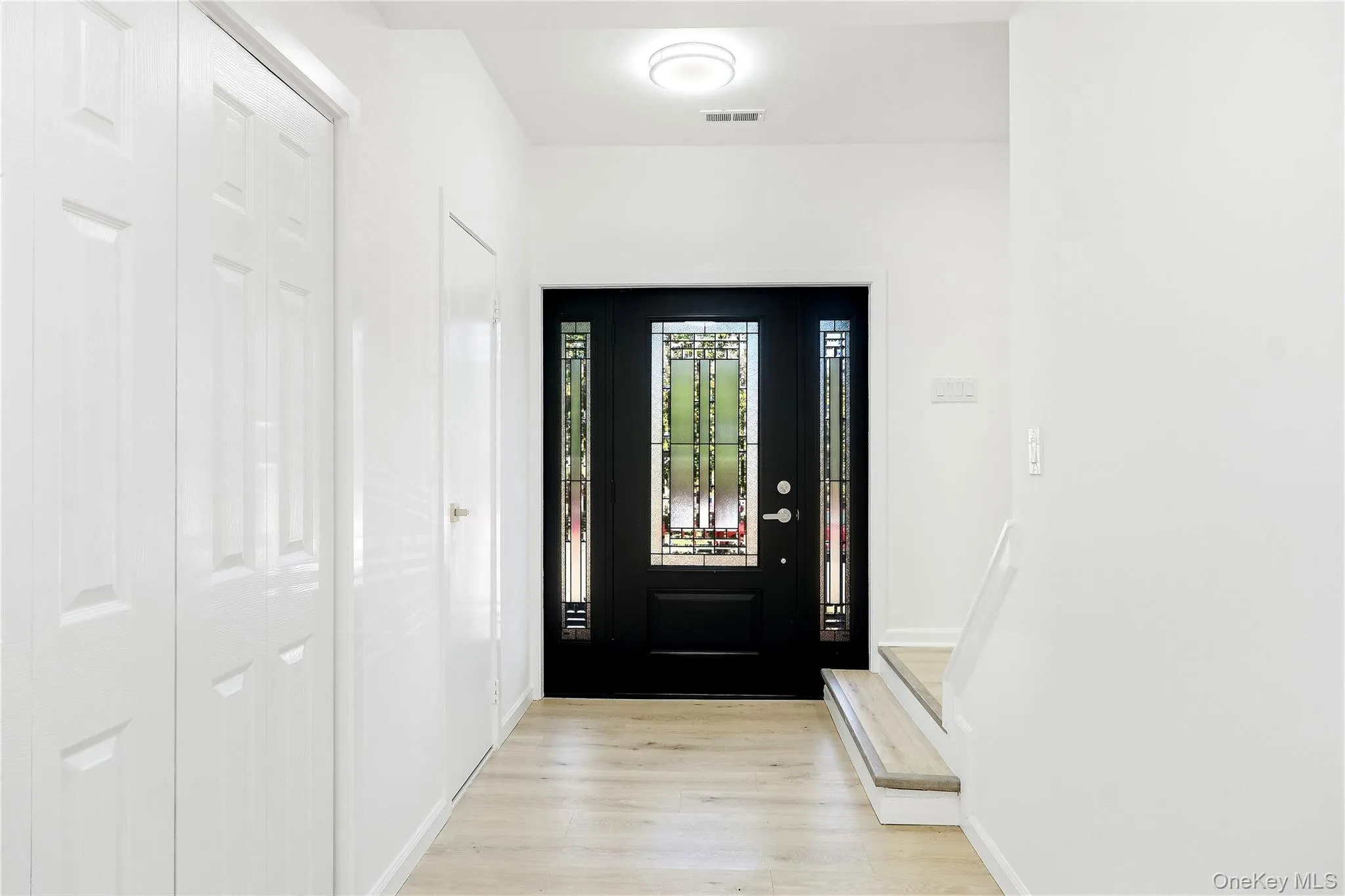 Black entry door with decorative glass side panels, wood-finish flooring, two white paneled closet doors, and a half bathroom Black entry door with decorative glass side panels, wood-finish flooring, two white paneled closet doors, and a half bathroom