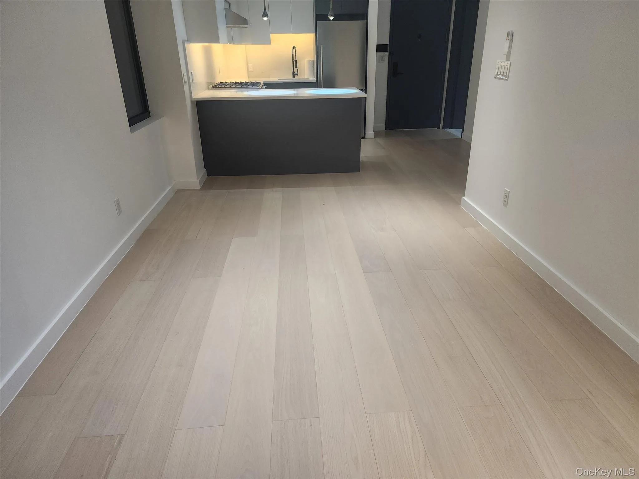 Light wood-finish flooring, white painted walls, and a contemporary kitchen with dark cabinetry and stainless steel appliances Light wood-finish flooring, white painted walls, and a contemporary kitchen with dark cabinetry and stainless steel appliances
