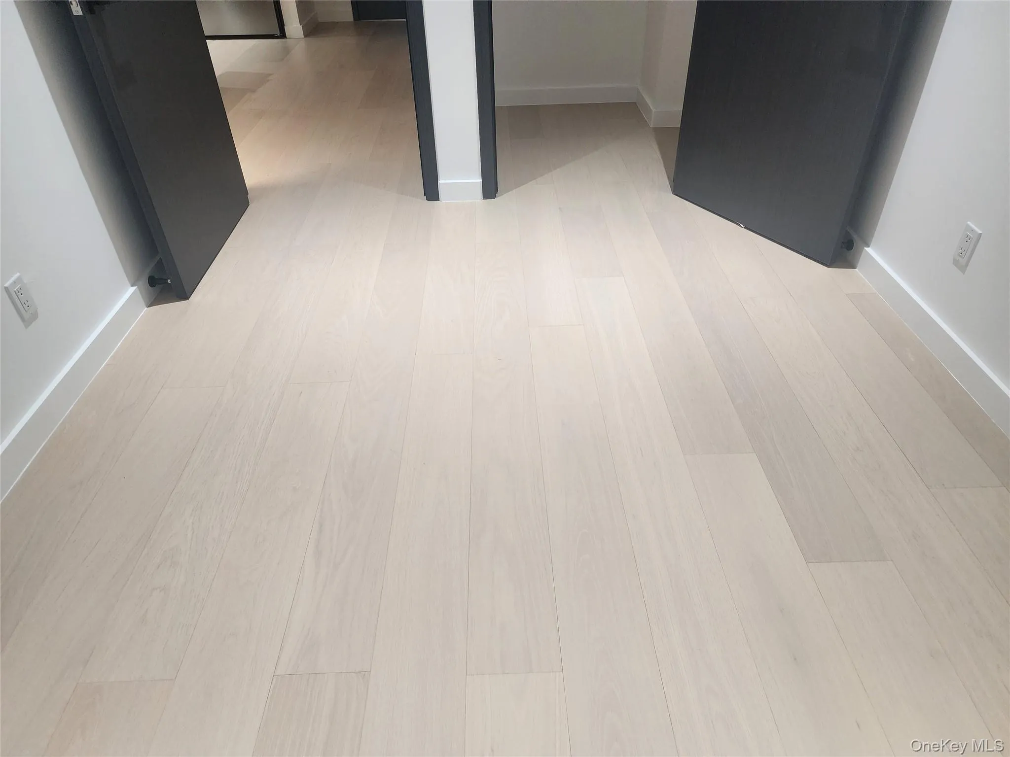 Light wood-finish flooring with white baseboards and dark-paneled doorways Light wood-finish flooring with white baseboards and dark-paneled doorways