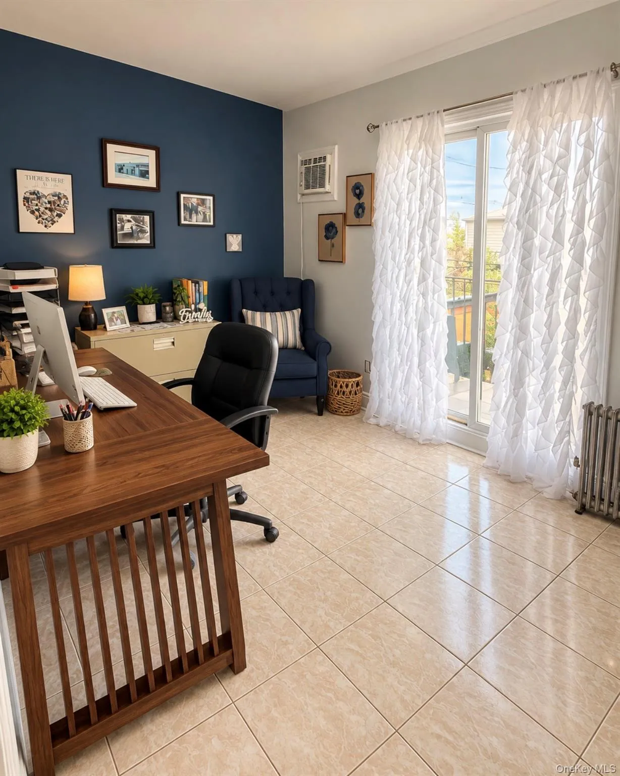 Expansive room featuring a two-tone paint scheme, large sliding glass doors, window-mounted air conditioning unit, and tiled flooring Expansive room featuring a two-tone paint scheme, large sliding glass doors, window-mounted air conditioning unit, and tiled flooring