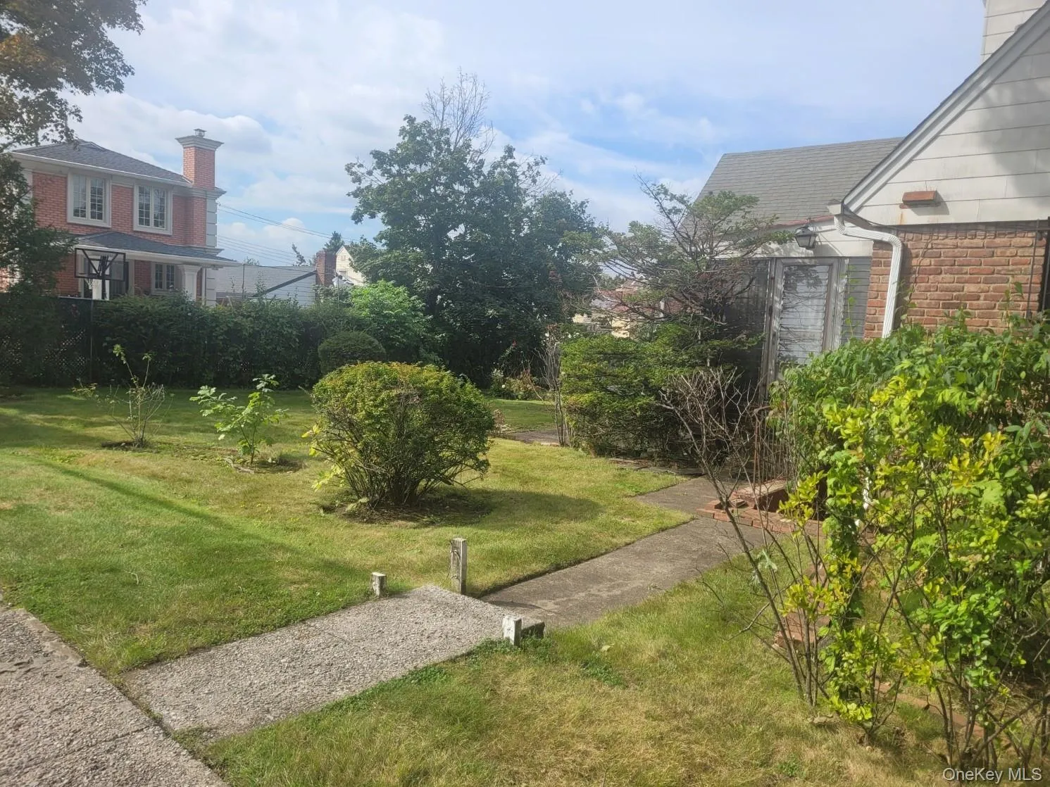 Manicured lawn with mature shrubs and trees, featuring a concrete pathway Manicured lawn with mature shrubs and trees, featuring a concrete pathway