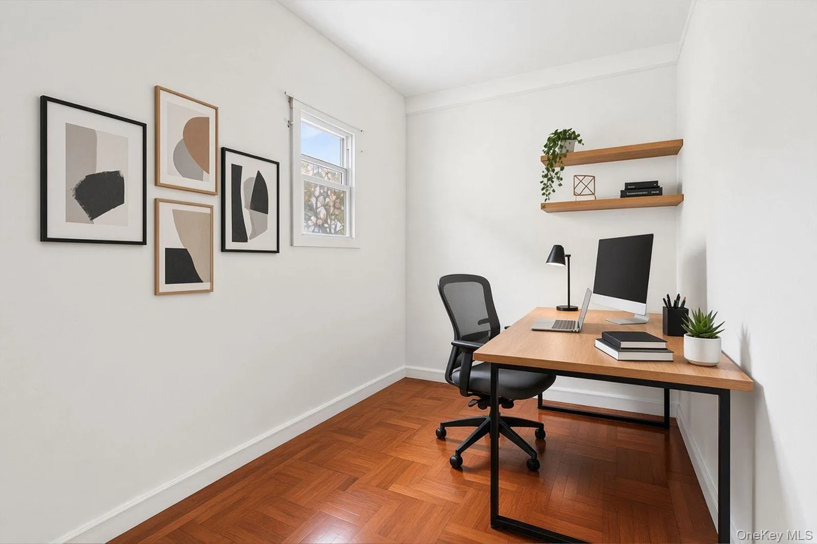 Herringbone wood-finish flooring with white walls Herringbone wood-finish flooring with white walls