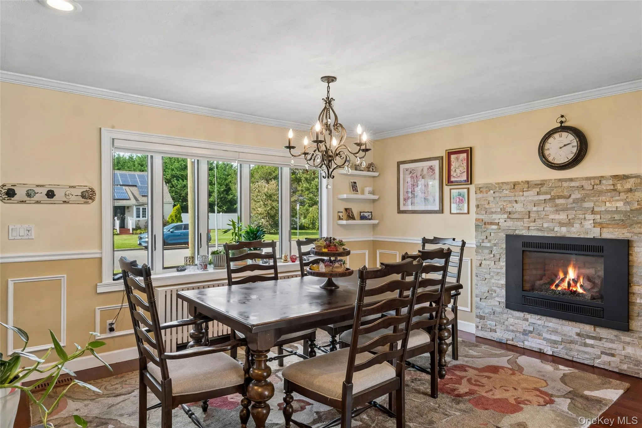 BAY WINDOW, STONE GAS FIREPLACE BAY WINDOW, STONE GAS FIREPLACE