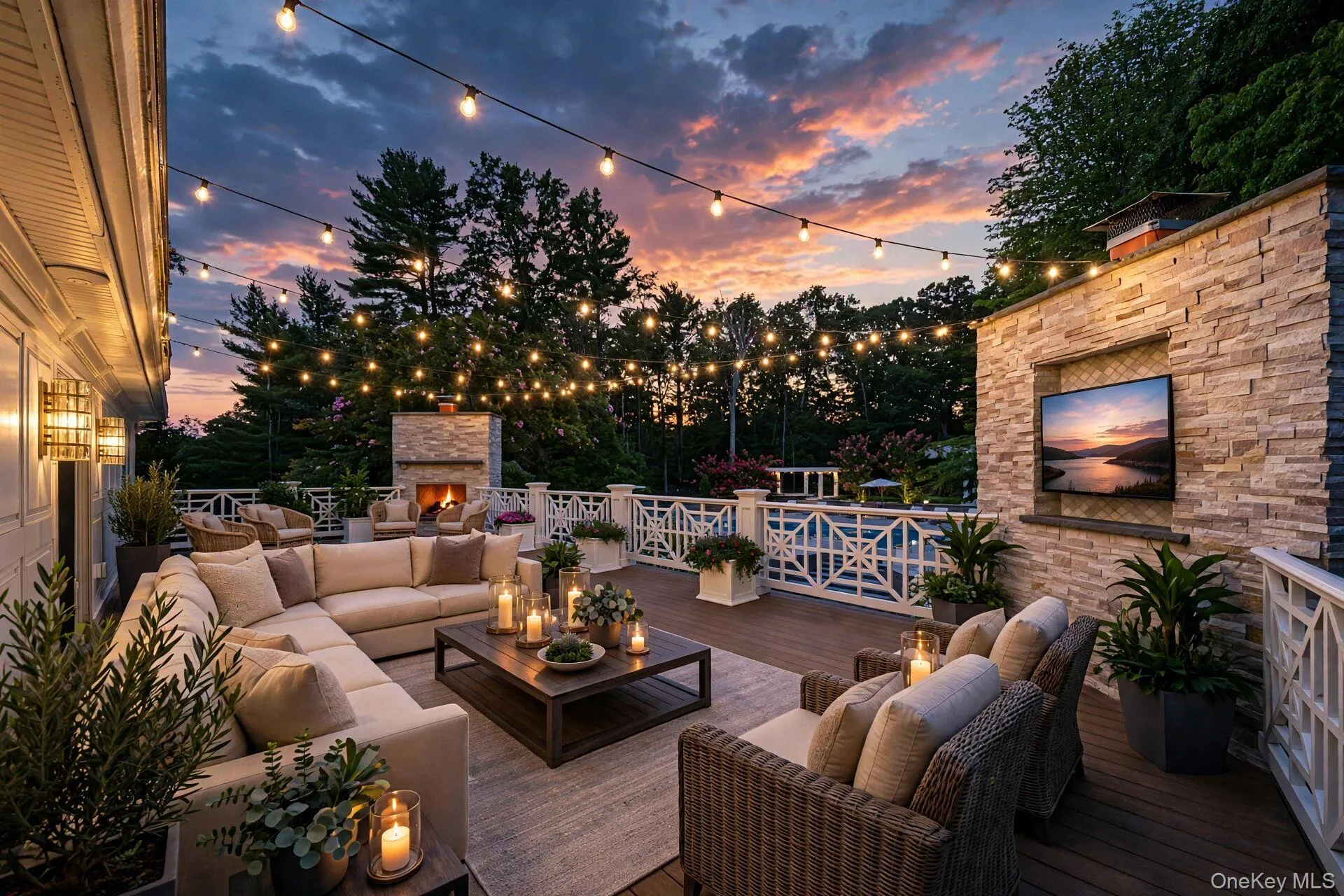 Expansive outdoor deck featuring composite decking, a stone-clad fireplace, and a built-in entertainment niche Expansive outdoor deck featuring composite decking, a stone-clad fireplace, and a built-in entertainment niche