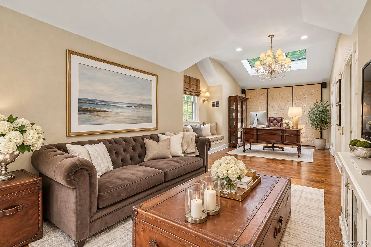 Hardwood flooring, recessed lighting, skylight, vaulted ceiling, and chandelier Hardwood flooring, recessed lighting, skylight, vaulted ceiling, and chandelier