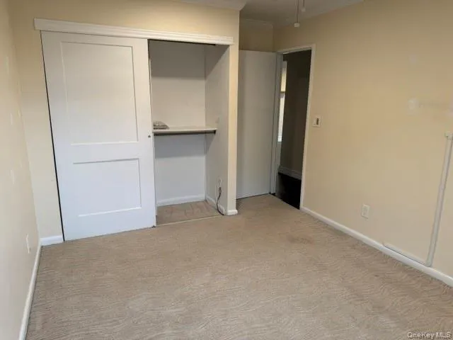 Wall-to-wall carpeting, neutral wall color, built-in closet shelving, sliding panel closet doors Wall-to-wall carpeting, neutral wall color, built-in closet shelving, sliding panel closet doors