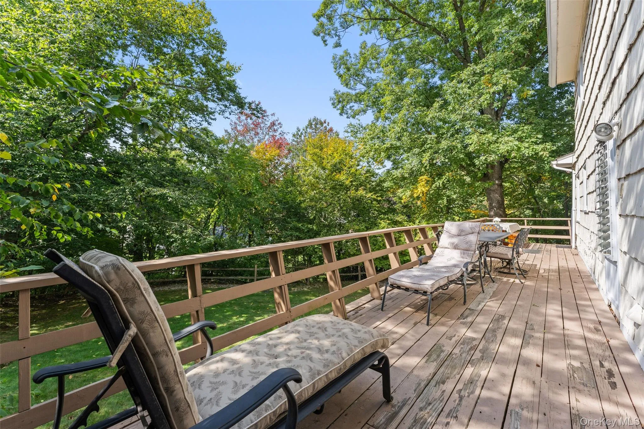 Expansive wood deck with a perimeter railing. Expansive wood deck with a perimeter railing.
