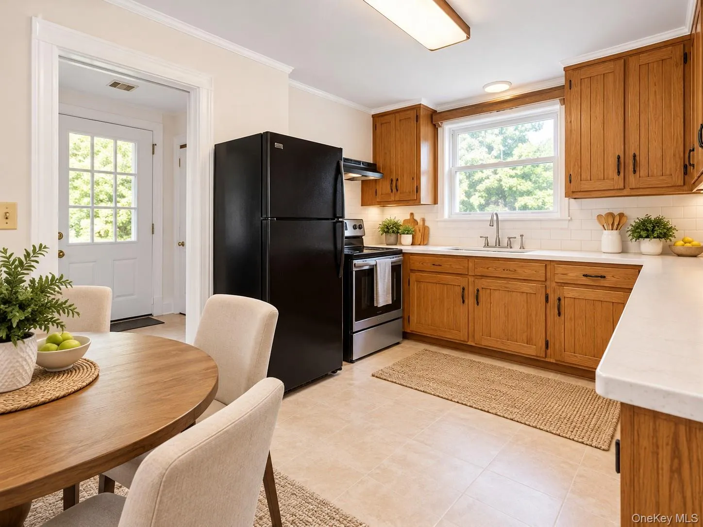Virtually Staged Eat-In KitchenThis bright and inviting eat-in kitchen has been thoughtfully virtually staged to showcase its functionality, charm, and everyday comfort. Featuring abundant natural wood cabinetry, generous countertop space, and black appliances, the kitchen offers a practical layout with ample storage. A large window above the sink fills the space with natural light and provides lovely views of the surrounding greenery. The cozy dining area, virtually furnished with a round table and comfortable seating, highlights the potential for casual meals, morning coffee, and intimate gatherings. With its warm atmosphere and convenient access to the outdoors, this kitchen offers an ideal setting for everyday living. Virtually Staged Eat-In KitchenThis bright and inviting eat-in kitchen has been thoughtfully virtually staged to showcase its functionality, charm, and everyday comfort. Featuring abundant natural wood cabinetry, generous countertop space, and black appliances, the kitchen offers a practical layout with ample storage. A large window above the sink fills the space with natural light and provides lovely views of the surrounding greenery. The cozy dining area, virtually furnished with a round table and comfortable seating, highlights the potential for casual meals, morning coffee, and intimate gatherings. With its warm atmosphere and convenient access to the outdoors, this kitchen offers an ideal setting for everyday living.