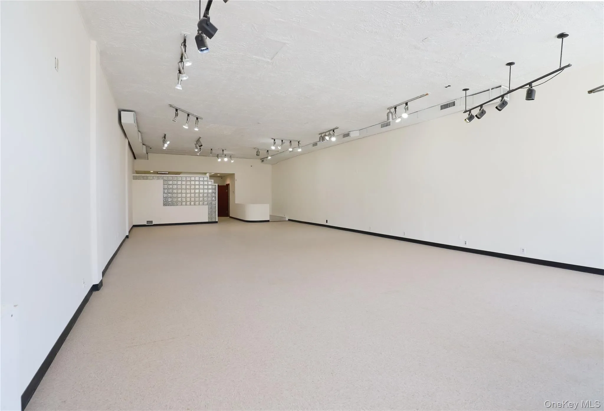 Expansive open-concept room with light-colored flooring, white walls, and track lighting fixtures Expansive open-concept room with light-colored flooring, white walls, and track lighting fixtures