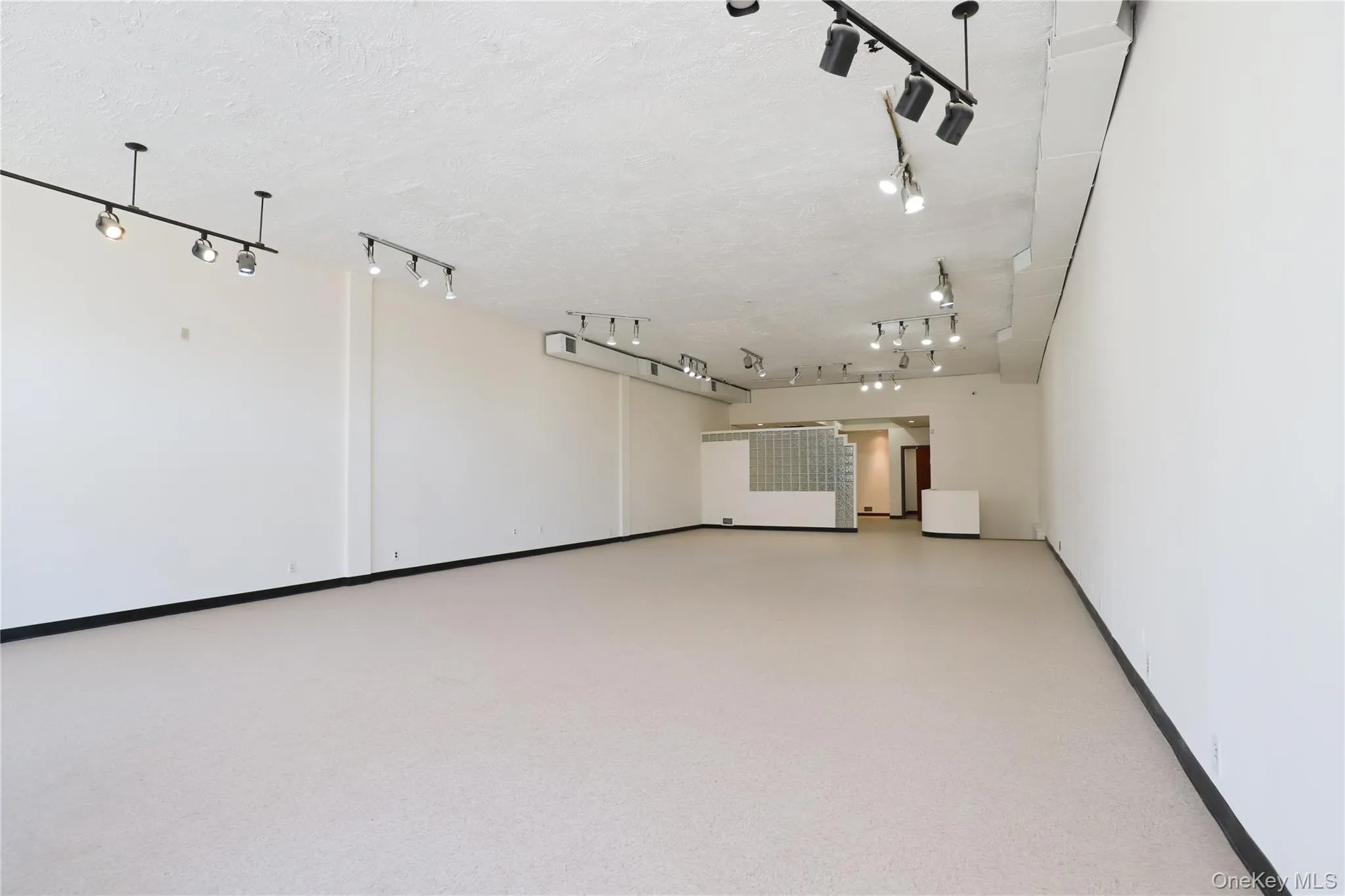 Spacious open-concept interior featuring light-colored flooring, extensive track lighting, and white walls Spacious open-concept interior featuring light-colored flooring, extensive track lighting, and white walls